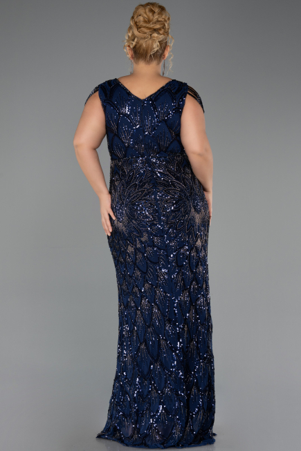 Robe de Soirée Grande Taille Longue Perlé Bleu Marine ABU6530