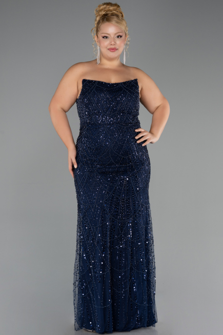 Robe de Soirée Grande Taille Longue Perlé Bleu Marine ABU6545