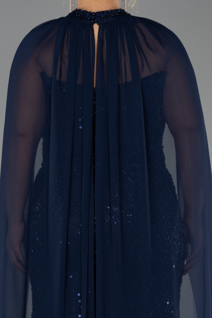 Robe de Soirée Grande Taille Longue Perlé Bleu Marine ABU6545