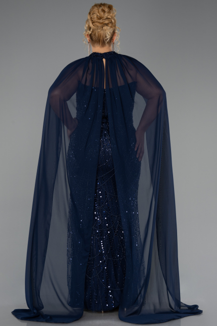 Robe de Soirée Grande Taille Longue Perlé Bleu Marine ABU6545