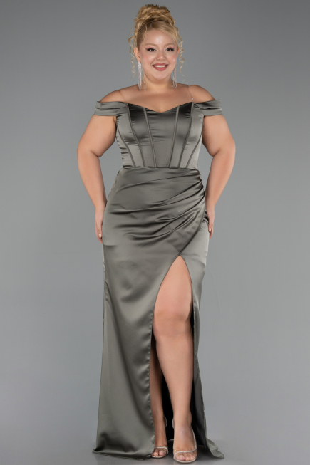 Robe De Soirée Grande Taille Longue Satin Kaki ABU6577