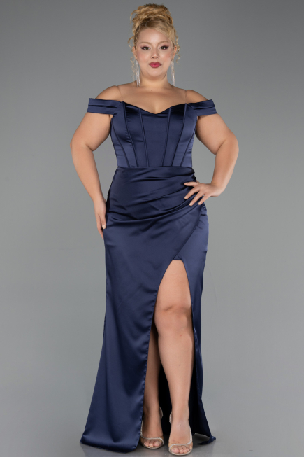 Robe De Soirée Grande Taille Longue Satin Bleu Marine ABU6577