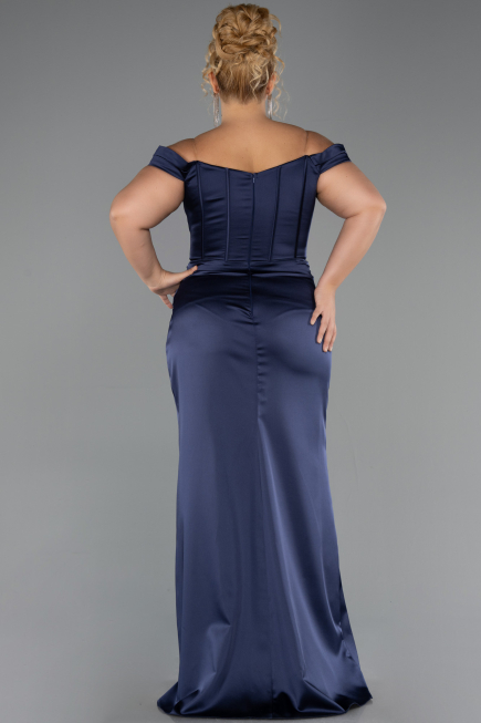Robe De Soirée Grande Taille Longue Satin Bleu Marine ABU6577