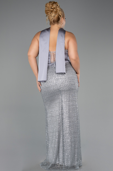 Robe de Soirée Grande Taille Longue Perlé Anthracite ABU6258