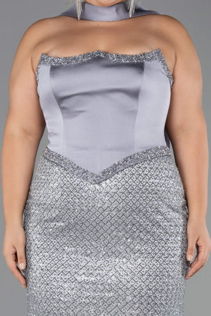 Robe de Soirée Grande Taille Longue Perlé Anthracite ABU6258