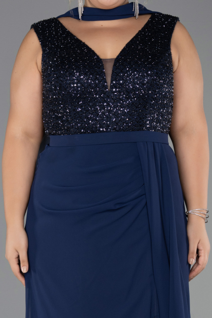 Robe de Soirée Grande Taille Longue Mousseline Bleu Marine ABU6557