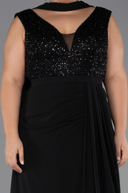 Robe de Soirée Grande Taille Longue Mousseline Noir ABU6557