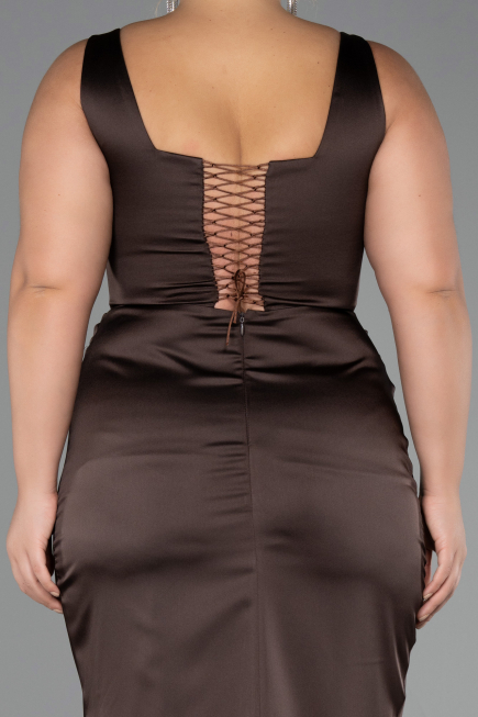Robe Grande Taille Longue Satin Brun ABU6543