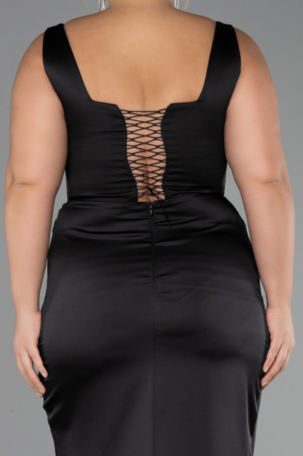Robe Grande Taille Longue Satin Noir ABU6543