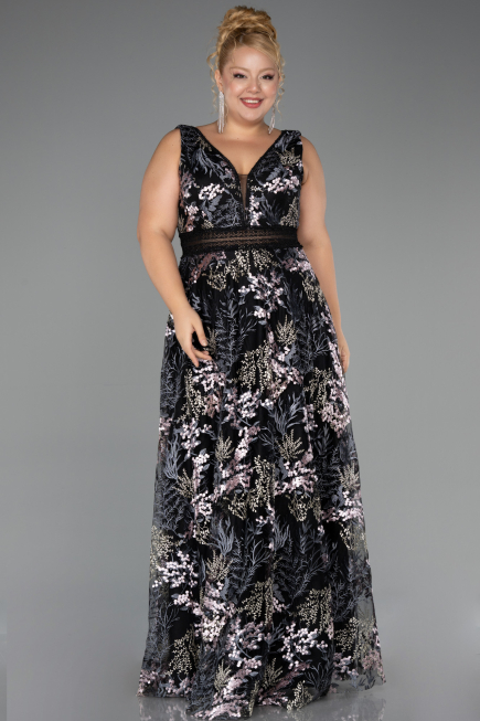Robe De Soirée Grande Taille Longue Lacé Noir ABU4261