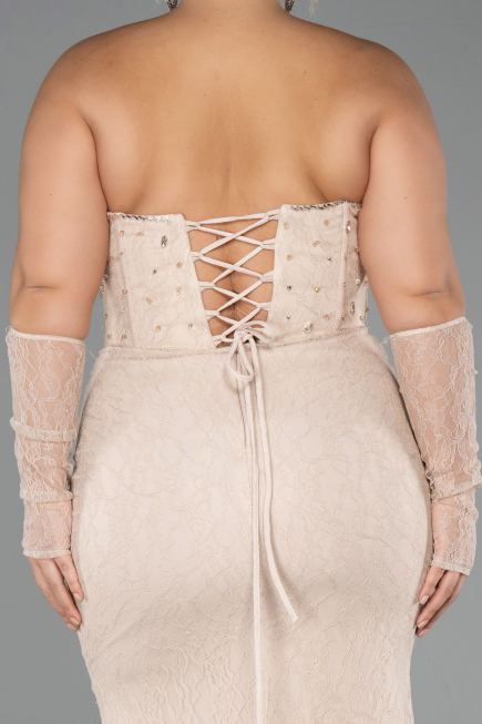 Robe Grande Taille Longue Dantelle Beige ABU6364