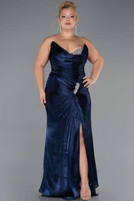 Robe de Soirée Grande Taille Longue Mousseline Bleu Marine ABU6561