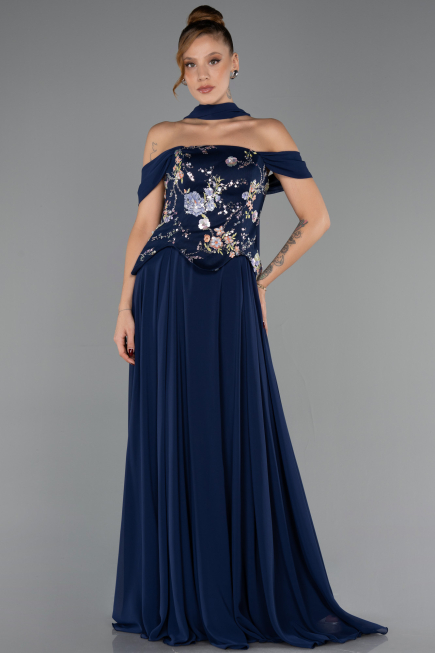 Robe de Soirée Longue Mousseline Bleu Marine ABU6588