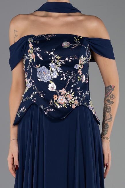 Robe de Soirée Longue Mousseline Bleu Marine ABU6588