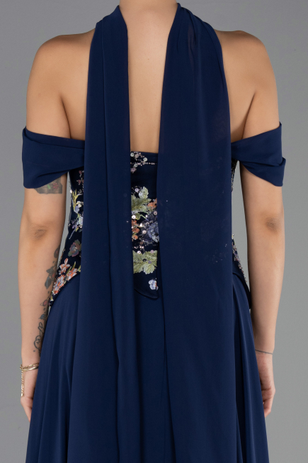 Robe de Soirée Longue Mousseline Bleu Marine ABU6588
