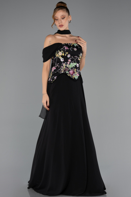 Robe de Soirée Longue Mousseline Noir ABU6588