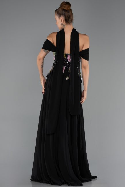 Robe de Soirée Longue Mousseline Noir ABU6588