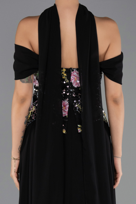 Robe de Soirée Longue Mousseline Noir ABU6588