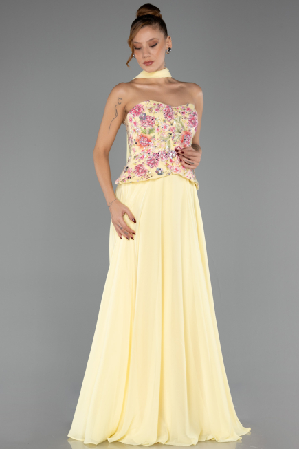 Robe de Soirée Longue Mousseline Jaune ABU6391