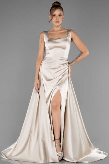 Robe de Soirée Longue Satin Beige ABU6572