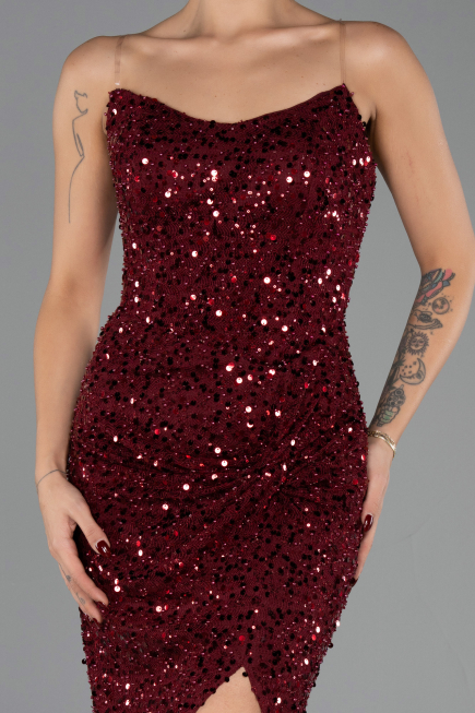 Robe de Soirée Longue Squameuse Rouge Bordeaux ABU6503