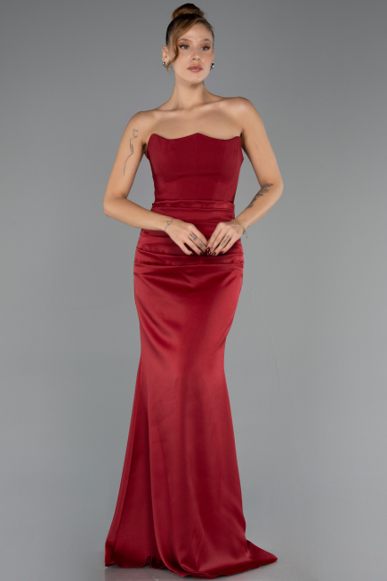 Robe de Soirée Longue Satin Rouge Bordeaux ABU6512
