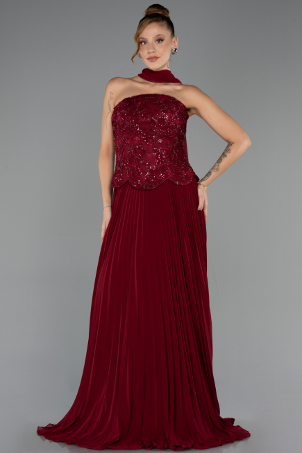 Robe de Soirée Longue Mousseline Rouge Bordeaux ABU6436