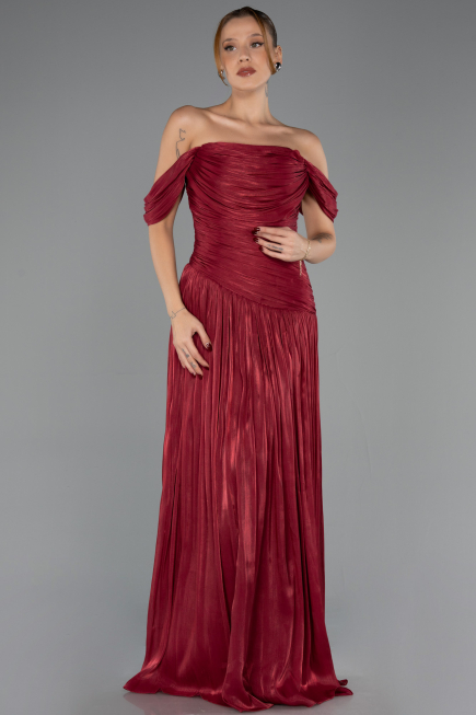 Robe de Soirée Longue Mousseline Rouge Bordeaux ABU6602