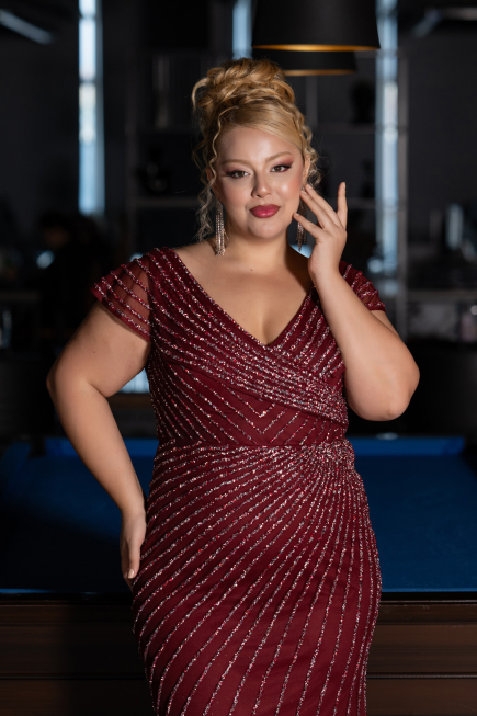 Robe de Soirée Grande Taille Longue Pierreux Rouge Bordeaux ABU5439