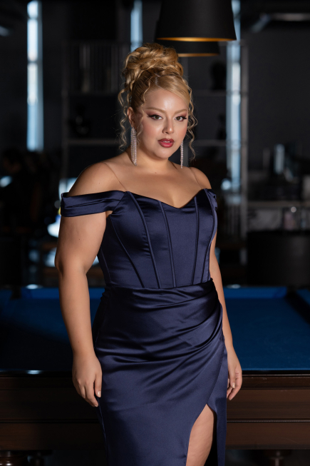 Robe De Soirée Grande Taille Longue Satin Bleu Marine ABU6577