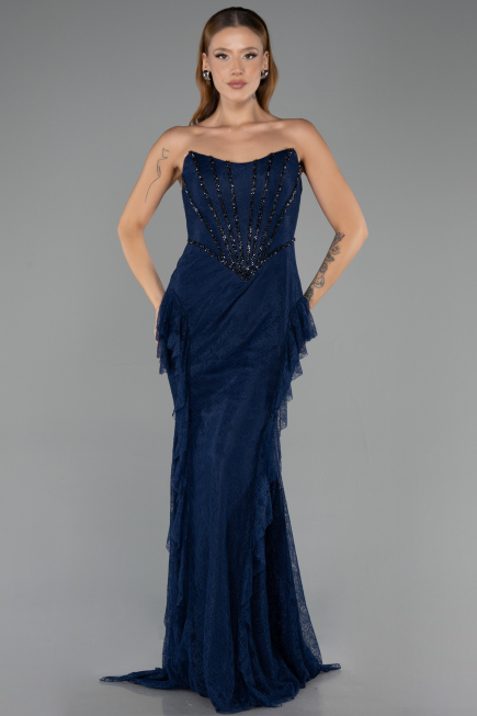 Robe Queue de Poisson Longue Dantelle Bleu Marine ABU6621
