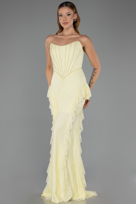 Robe Queue de Poisson Longue Dantelle Jaune ABU6621