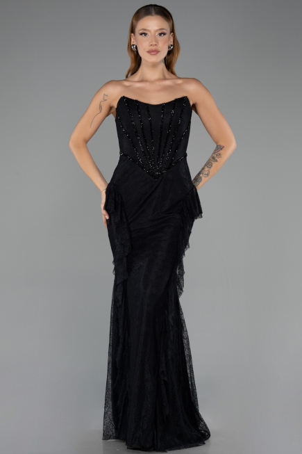 Robe Queue de Poisson Longue Dantelle Noir ABU6621
