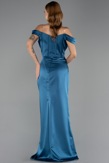 Robe de Soirée Longue Satin Bleu Pétrole ABU6574