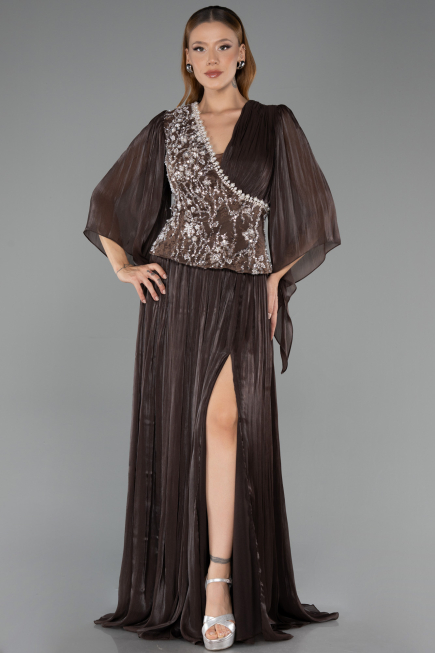 Robe De Soirée Grande Taille Longue Mousseline Brun ABU6619
