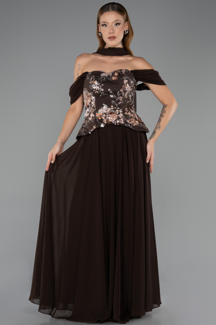 Robe de Soirée Longue Mousseline Brun ABU6612