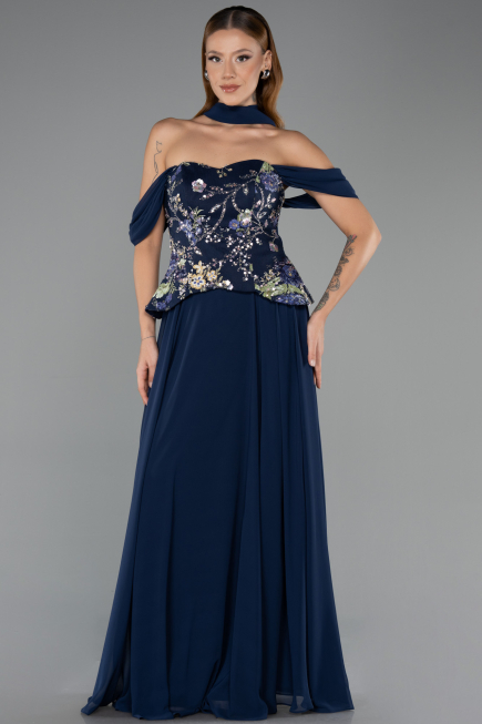 Robe de Soirée Longue Mousseline Bleu Marine ABU6612