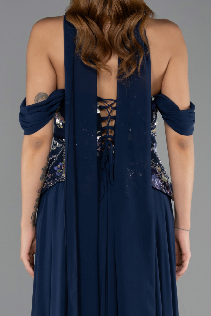 Robe de Soirée Longue Mousseline Bleu Marine ABU6612