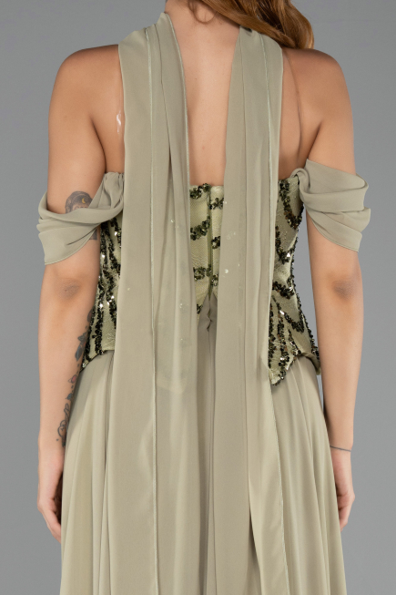 Robe de Soirée Longue Mousseline Pistache vert ABU6532