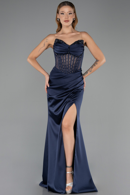 Robe de Soirée Longue Satin Bleu Marine ABU6616