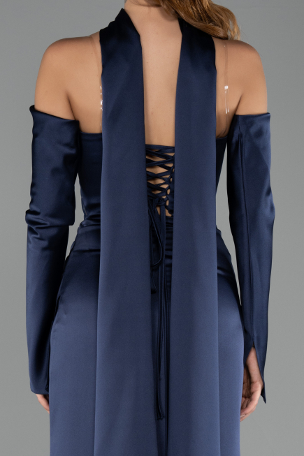 Robe de Soirée Longue Satin Bleu Marine ABU6616