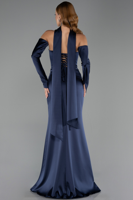 Robe de Soirée Longue Satin Bleu Marine ABU6616