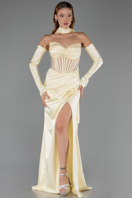 Robe de Soirée Longue Satin Jaune ABU6616