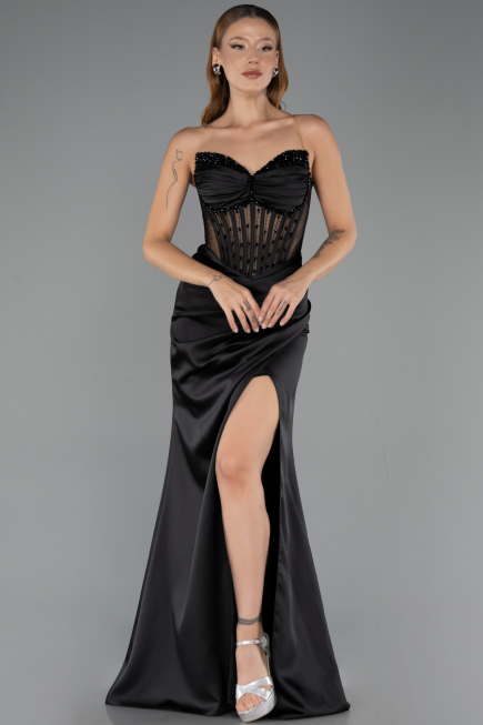 Robe de Soirée Longue Satin Noir ABU6616