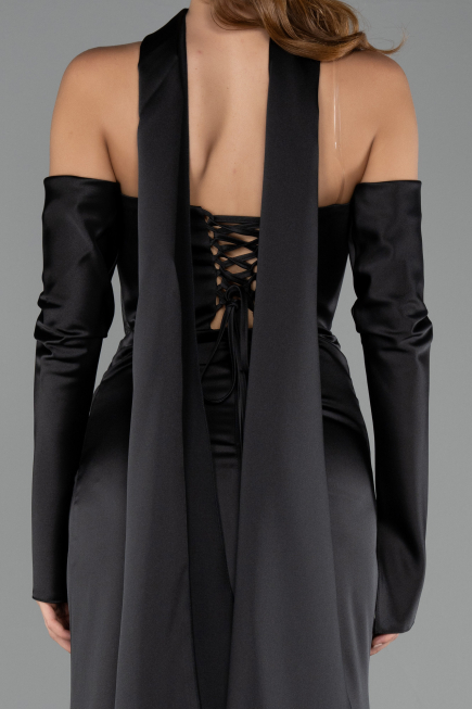Robe de Soirée Longue Satin Noir ABU6616