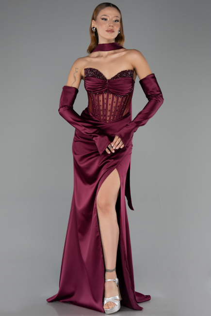 Robe de Soirée Longue Satin Couleur Cerise ABU6616