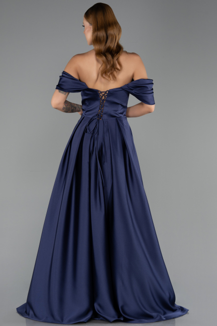 Robe de Soirée Longue Satin Bleu Marine ABU6617