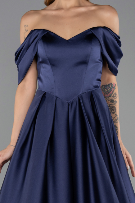 Robe de Soirée Longue Satin Bleu Marine ABU6617