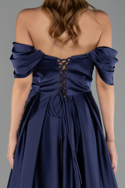 Robe de Soirée Longue Satin Bleu Marine ABU6617
