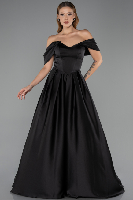 Robe de Soirée Longue Satin Noir ABU6617